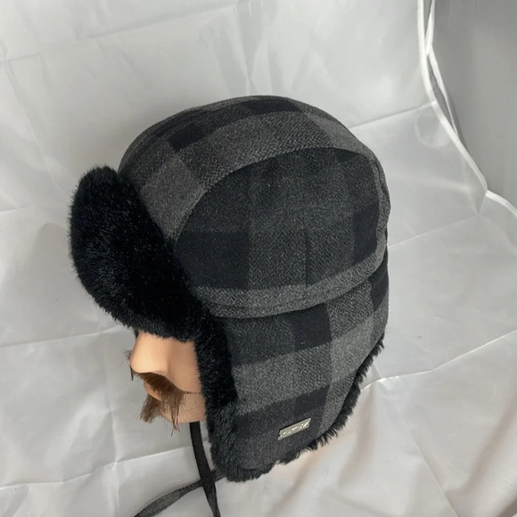 GANKA GKSII Black Grey Plaid Wool Faux Fur Heatlocker Trapper Hat Granola - Picture 2 of 9